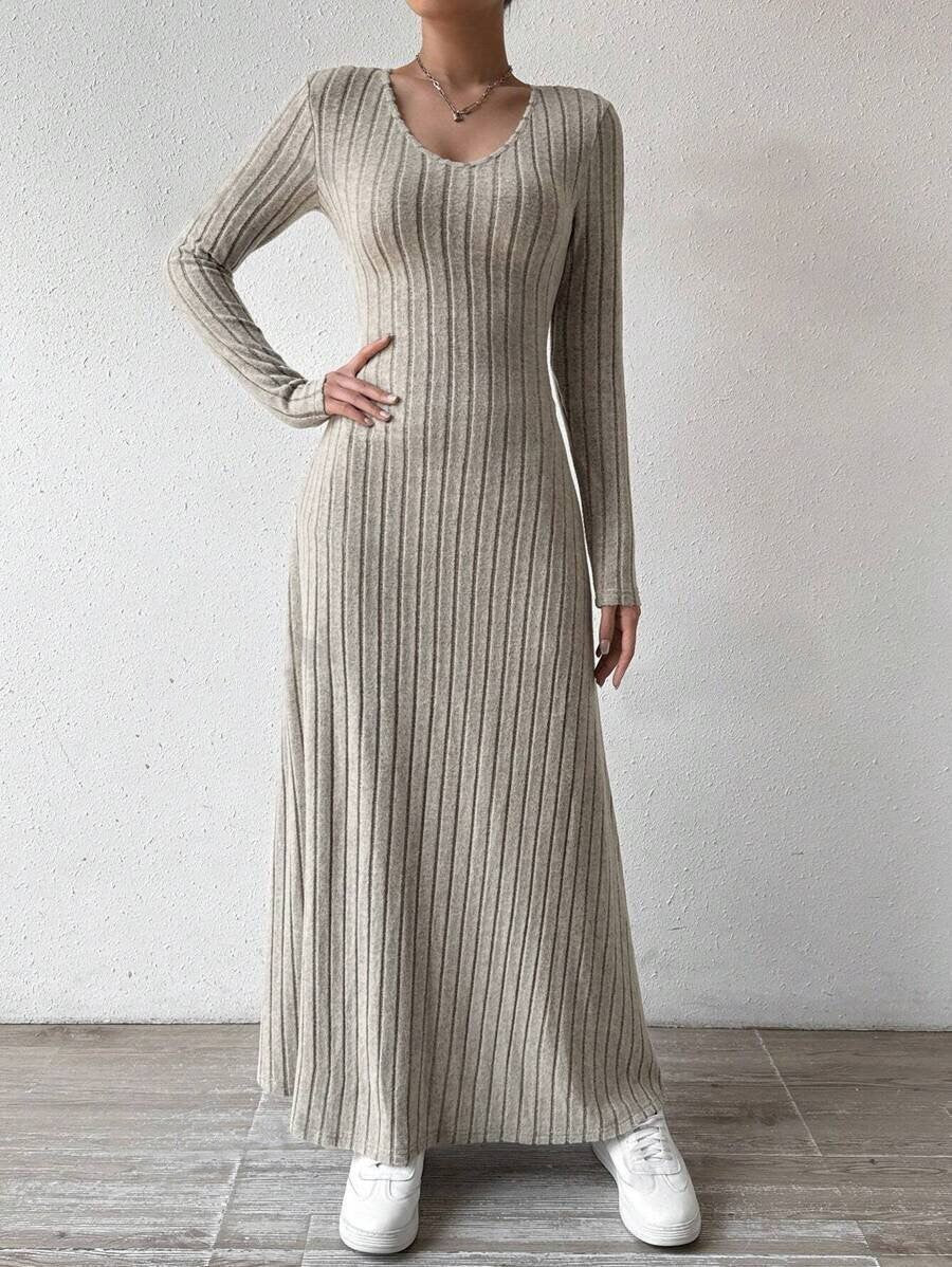 2025 Fashionable Knitted Long Sleeve A- Line Streetwear Dress For Women Smooths And Slims Your Silhouette Solid Color Long Dress