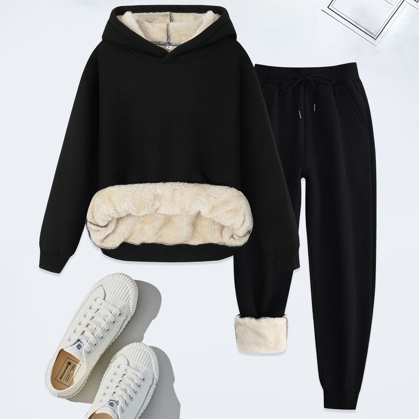 Winter Men Solid Thickened Lamb Velvet Hoodies Set Warm Fleece Sweatshirt Sweatpants 2pcs Thickened Casual Tracksuit