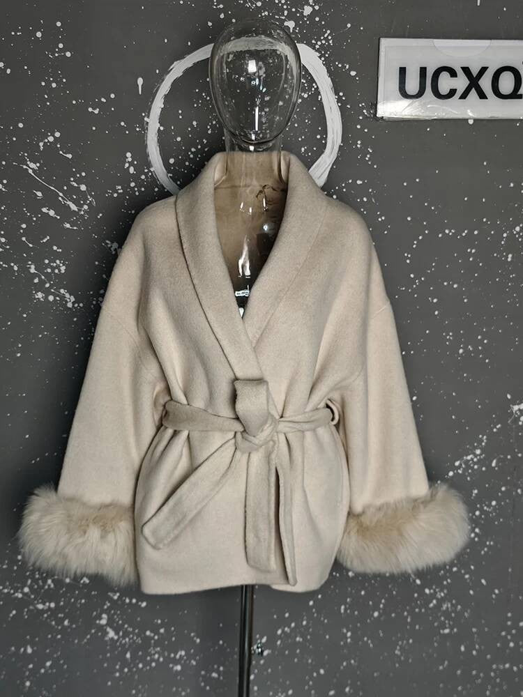 UCXQ Casaco Feminino Elegante OL para Escritório com Retalhos de Pelo Manga Comprida Lã Jaqueta de Roupa Feminina Bonita Outono Inverno 2025
