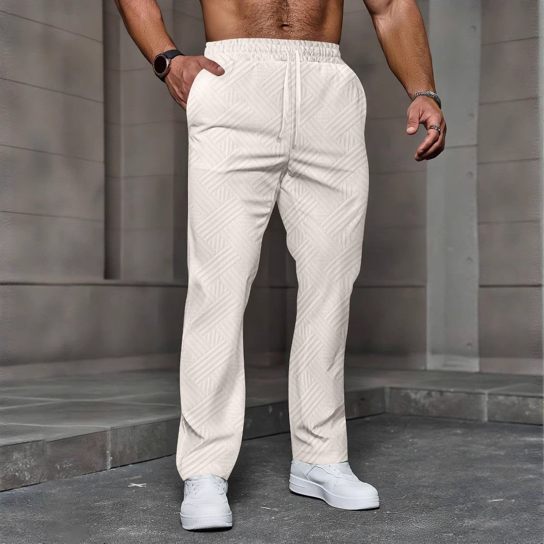 Men's Sport Fitness Breathable Casual Pants, Fashionable Jacquard Stretch Waistband Street Pants, Solid Color Loose Straight Pan