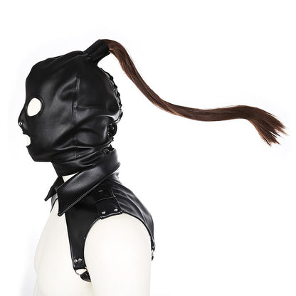 Unisex Latex Hood Mask Sexy Men Women PU Leather Masks Cosplay Flirting Tail Chest Strap Headwear Cosplay Sexy Accessory
