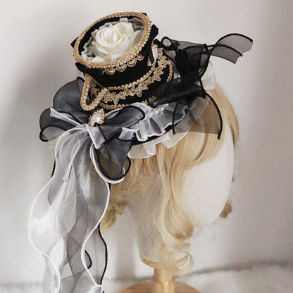 Lolita Girls Top Hat Rose With Long Ribbon ,Tea Cup Palace Spanish Fedoras