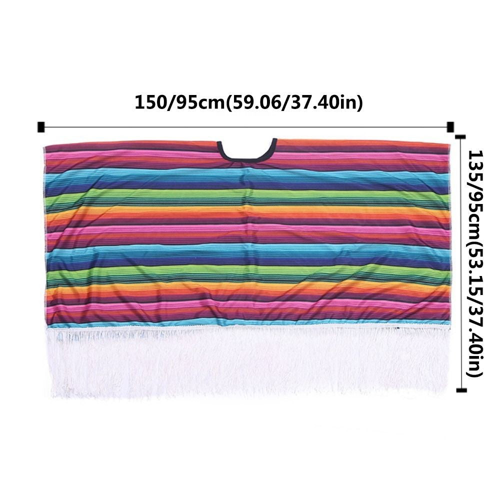 Ethnic Cloak Mexican Costume Halloween Rainbow Stripe Mexican Style Cloak Cape Dress-up Cosplay Mexican Poncho Festival Party
