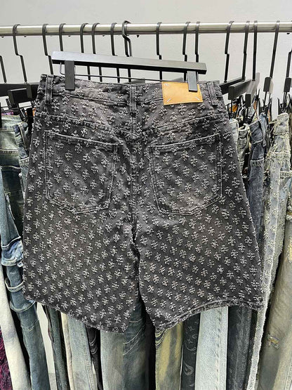 New Summer Men Distressed Short Jeans Vintage Jacquard Straight Leg Men's Denim Shorts Pants