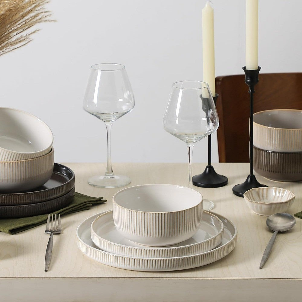 conjuntos de louça de grés para 4, conjunto de pratos e tigelas de cozinha de 12 peças, conjuntos de louça de porcelana com esmalte reativo resistente a arranhões