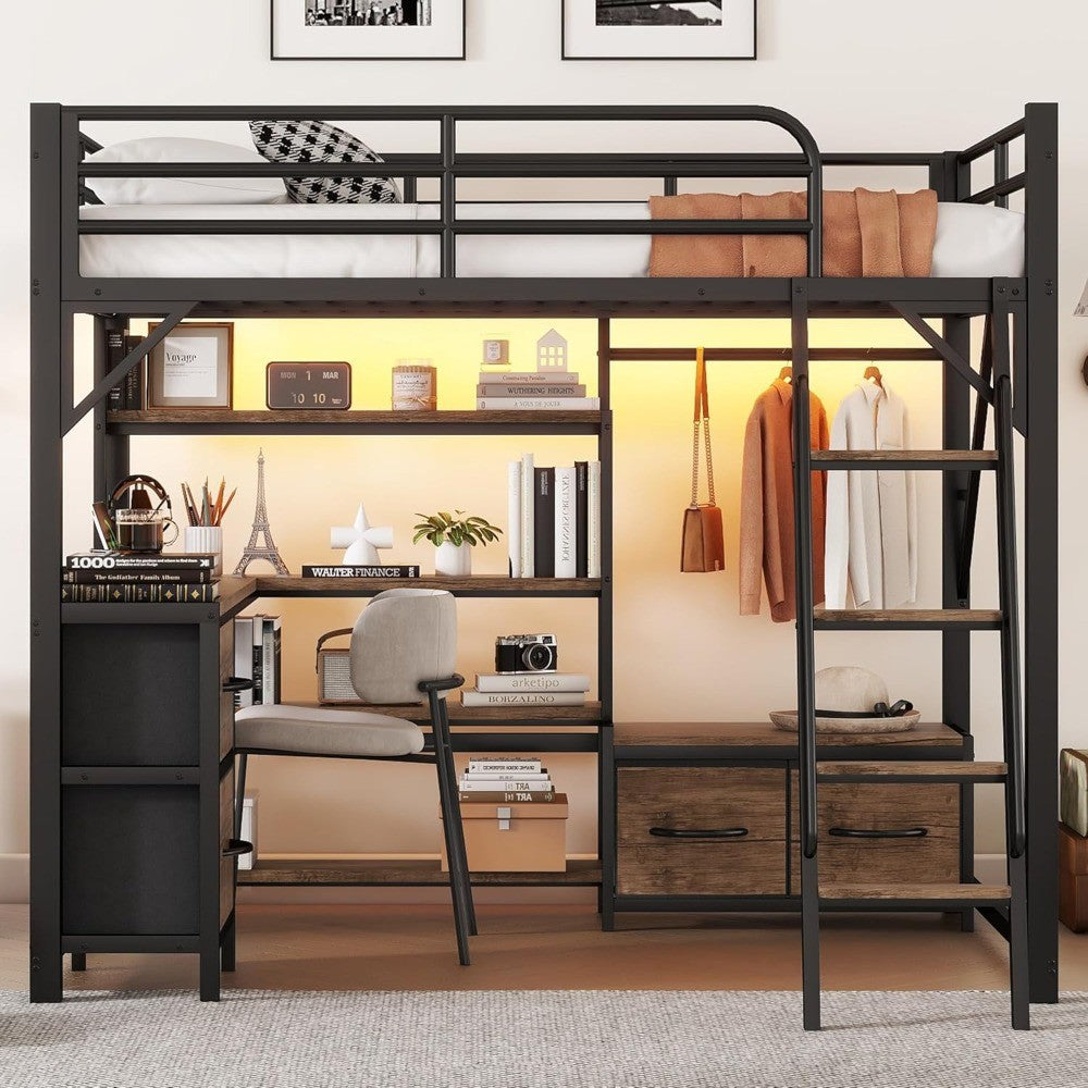 Cama Loft com Escrivaninha e Escadas, 4 Prateleiras e Gavetas de Armazenamento, Guarda-roupa, Camas Loft de Metal Completa com Luzes de LED e Ch