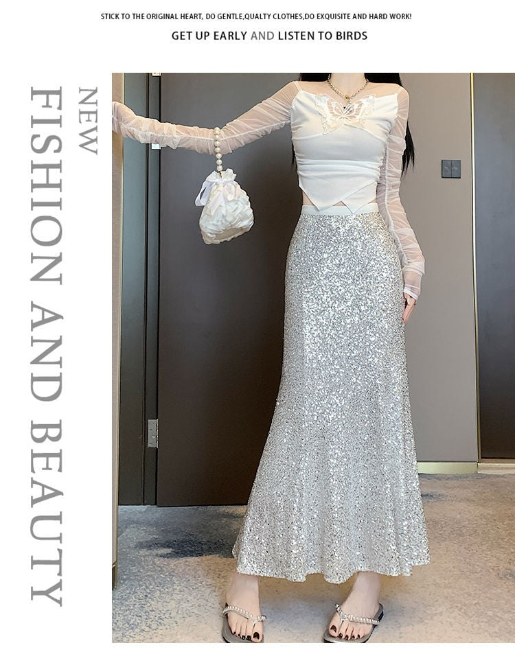 Elegant Sequined Long Black Skirts Women High Waist Party Club Faldas Largas Korean Fashion Y2k Clothes A Line Mid Length Skirt