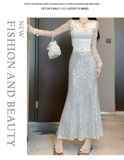 Elegant Sequined Long Black Skirts Women High Waist Party Club Faldas Largas Korean Fashion Y2k Clothes A Line Mid Length Skirt