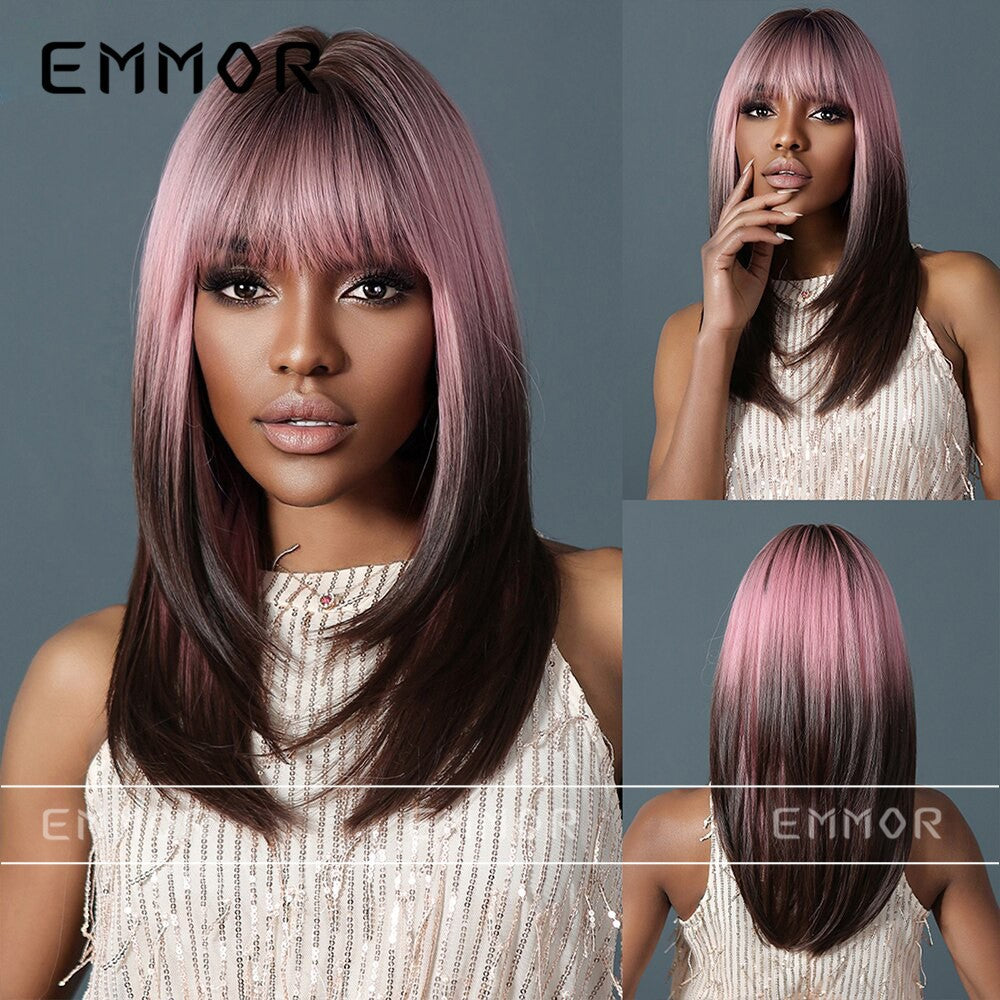 Peruca de cobertura total, peruca rosa gradiente marrom escuro, peruca de cabelo liso com franja, adequada para o role-playing diário feminino,