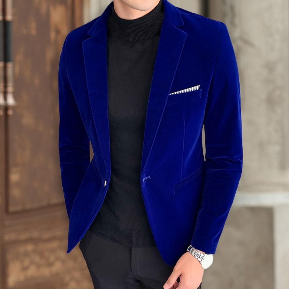 Spring Velvet Men Solid Color Temperament Suit Jacket Turndown Collar Long Sleeve Slim Fit Single Button Velvet Suit Coat