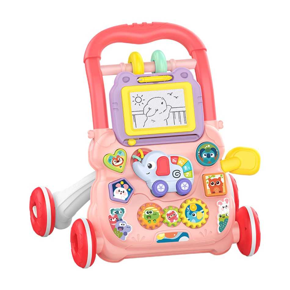 Baby Cartoon Push Walker Toy with Music Drawing Board Multifunction Activity Learning Walk Toddler Walker for 6-15 Months Infant
