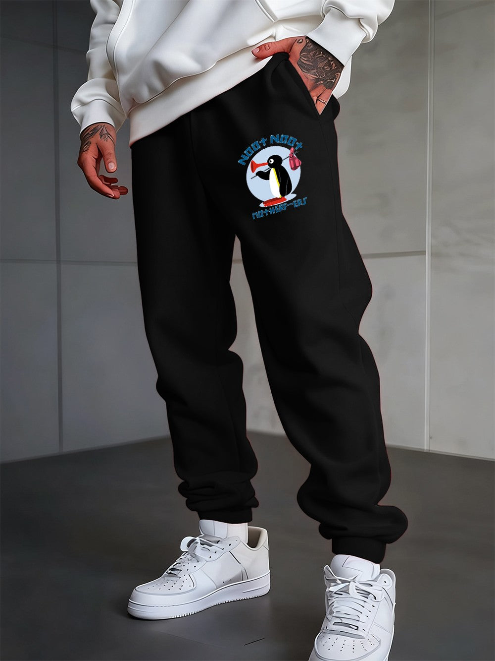 Noot Noot Cartoon Penguin Printing Sweatpants Men'S Basics Trousers Fleece Loose All-Match Sporty Pants Winter Men Streetwear