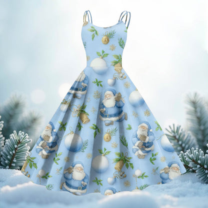 High Quality Cute Women's Casual Fashion Round Neck Christmas Print Mid-Length Dress Pretty Sweet Christmas Suspender Dress