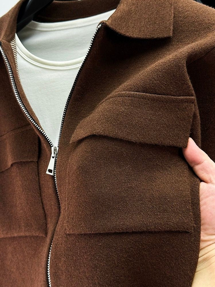 Premium Zipper Collar Wool Cardigan Men's Casual Coat Autumn/Winter Luxury Pocket Design Solid Color Casual Warm Sweater Jacket