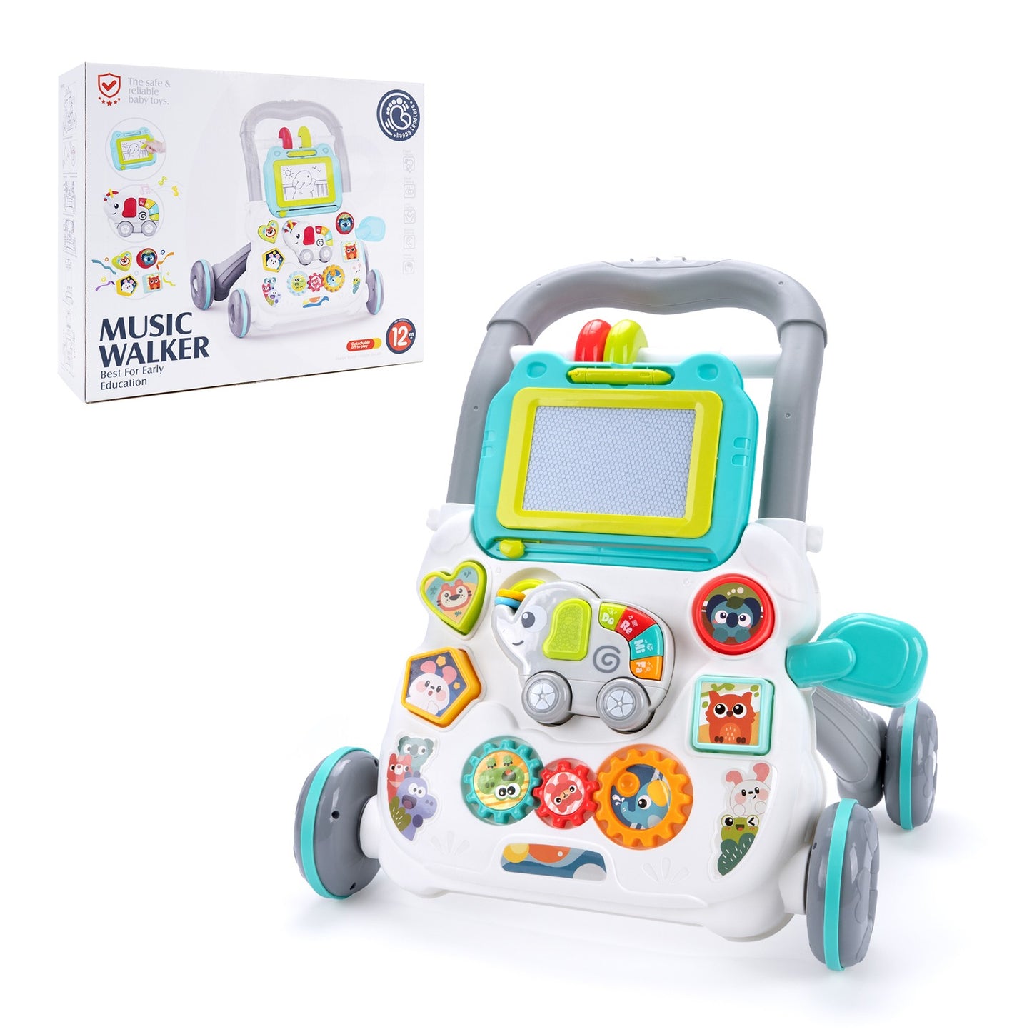 Baby Cartoon Push Walker Toy with Music Drawing Board Multifunction Activity Learning Walk Toddler Walker for 6-15 Months Infant