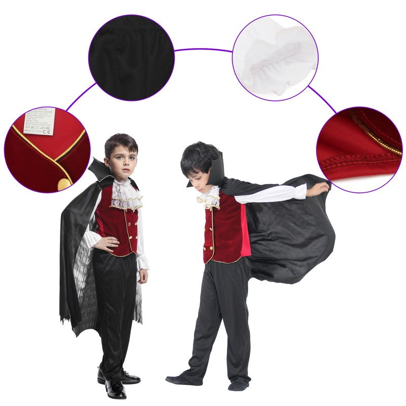 Kids Vampire Cosplay Costume for Boys Men Halloween Carnival Party Costumes with Walking Cane Stickers False Teeth