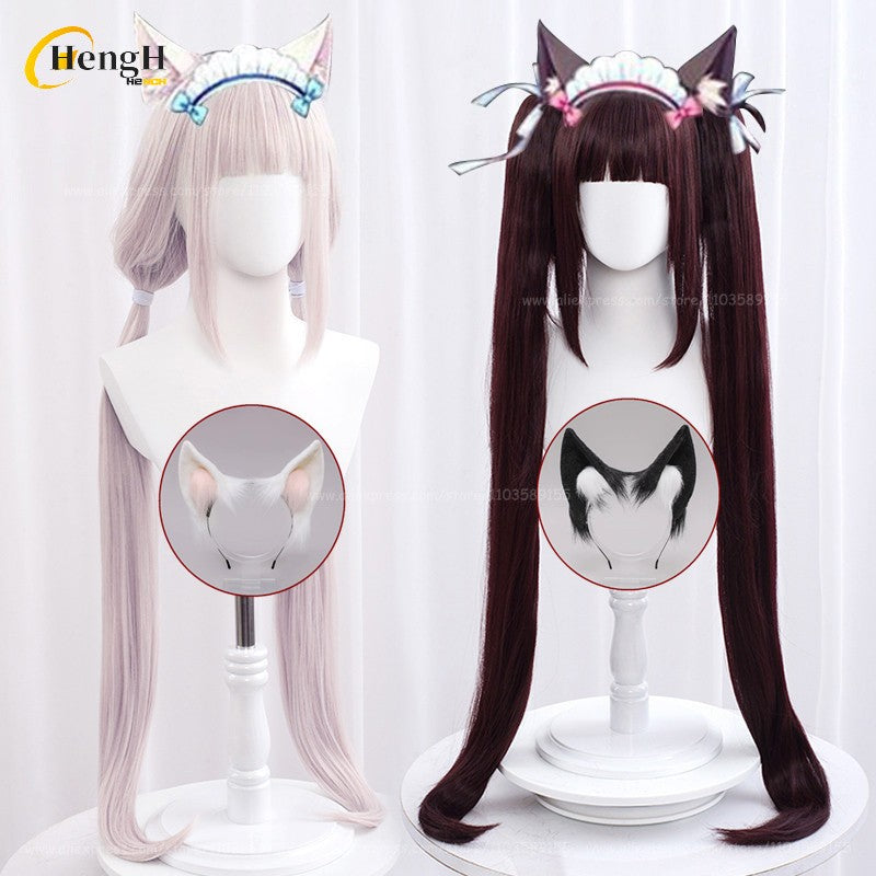 Em estoque Anime Vanilla Chocolat Chocola Cabelo Sintético Longo 100cm Perucas Cosplay Com Orelha Perucas de Festa Resistentes ao Calor + Touca de Peruca