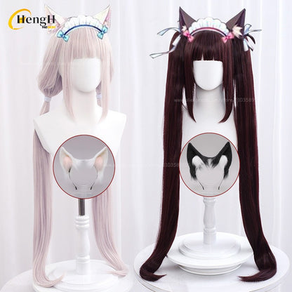 Em estoque Anime Vanilla Chocolat Chocola Cabelo Sintético Longo 100cm Perucas Cosplay Com Orelha Perucas de Festa Resistentes ao Calor + Touca de Peruca