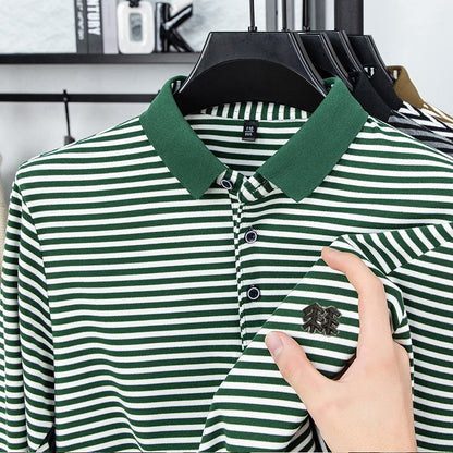 Men's Long Sleeved T-shirt, Youth Lapel T-shirt, Autumn Clothes Striped Polo Shirt Double-sided German Velvet 2025 New Trend Top