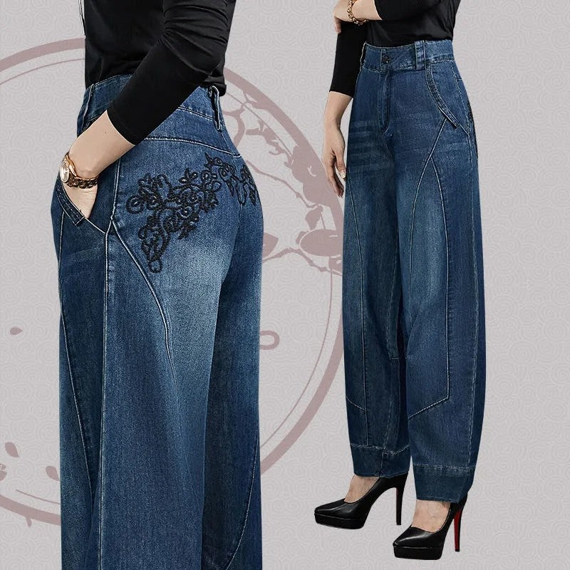 Autumn Winter High Waisted Women Jeans Casual Loose Embroidery Bloomers Trousers Female Fashion Wide Leg Denim Pants Blue