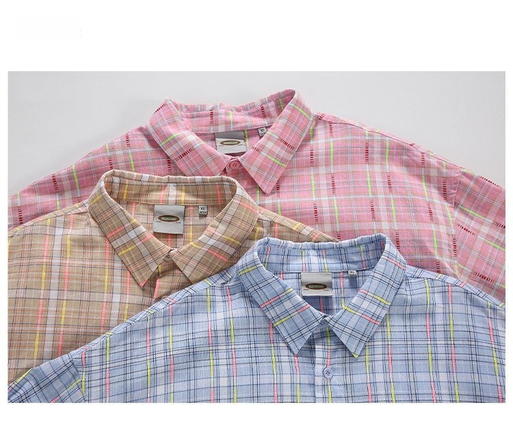 Ice Blue Plaid Long Sleeve Shirt Unisex Premium Cleanfit Denim Fabric V-neck Open Cardigan Style Holiday Vibes Short Length