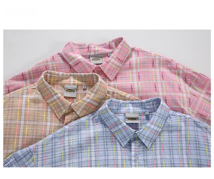 Ice Blue Plaid Long Sleeve Shirt Unisex Premium Cleanfit Denim Fabric V-neck Open Cardigan Style Holiday Vibes Short Length