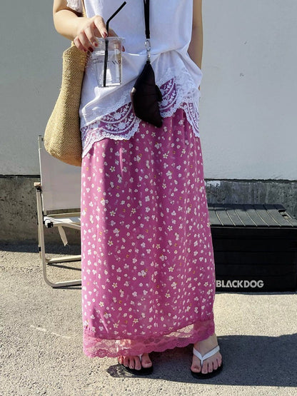 Ezgaga Skirts Women Elegant Floral Printed Lace Patchwork 2025 Summer Fashion Vintage Sweet Ladies Long Skirt Casual Chic