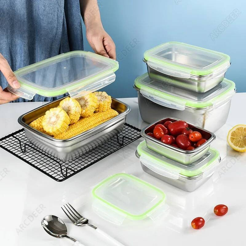Organizadores de Alimentos de Cozinha em Aço Inoxidável com Tampas, Caixa de Armazenamento Refrigerada, Lancheiras Herméticas Anti-Vazamento