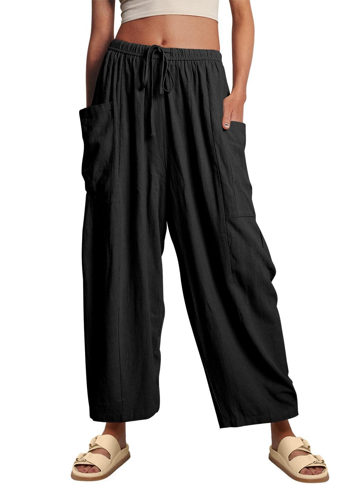 Women's Stretched-waist Pleated High-waisted Wide-leg Trousers Spring Autumn Fashion Cotton Linen Pocket Casual Trousers Woman