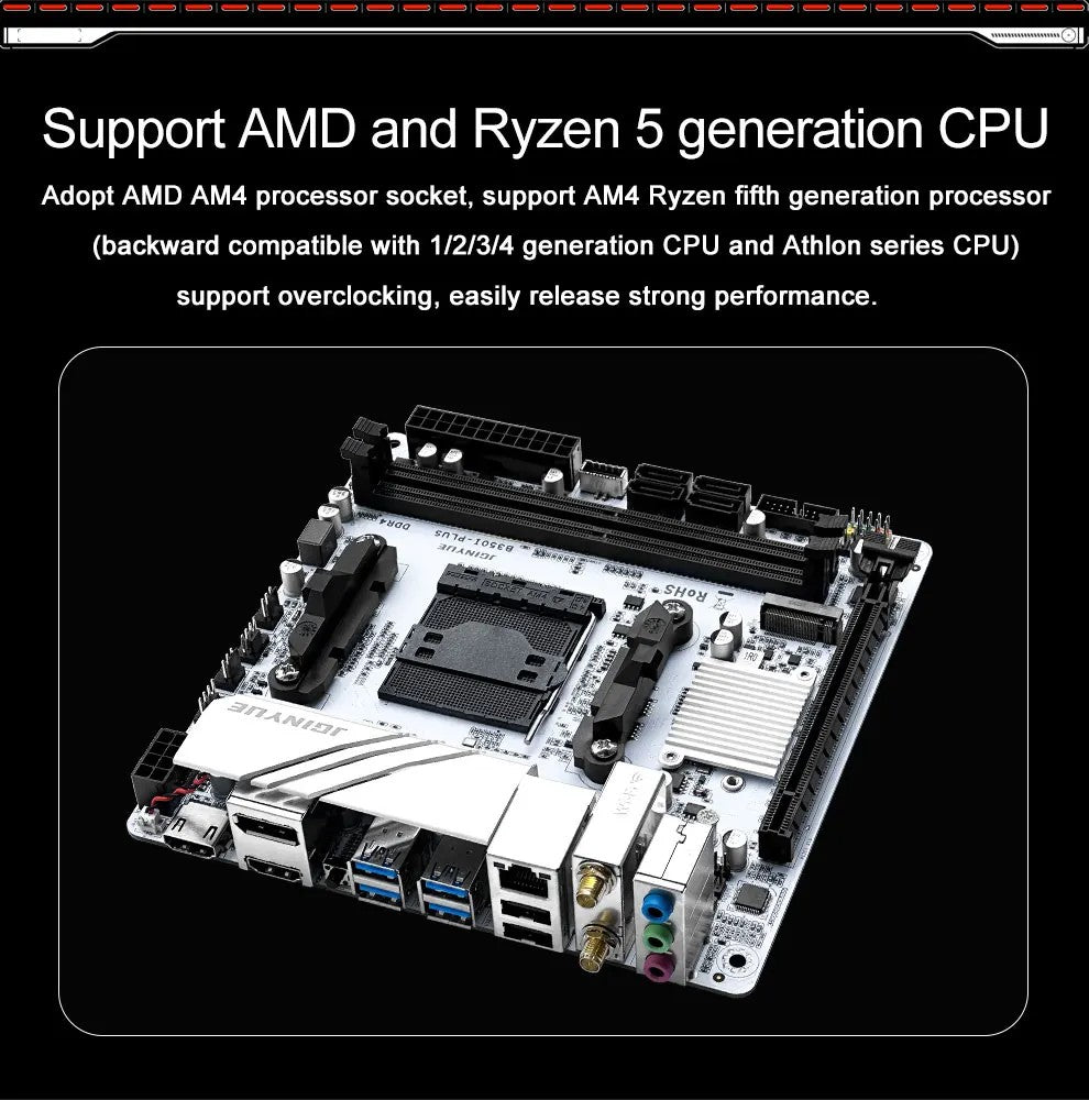 Placa-mãe JGINYUE AMD AM4 ITX suporta CPU Ryzen R3 R5 R7 R9 de 1/2/3/4/5 séries RAM DDR4 PC Desktop PCI-E 3.0 B350i PLUS ARGB
