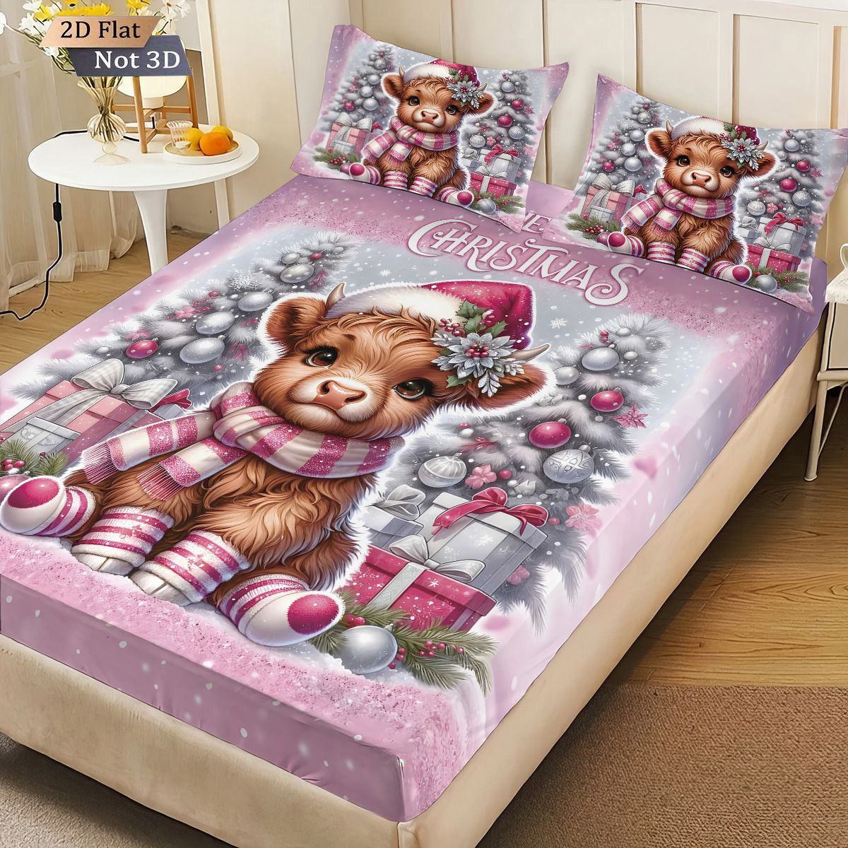3pcs Christmas Highland Cow Print Coreless Bed Sheet Set Multiple Size Bed Cover Bedroom Bedding,  Decoration Machine Washable