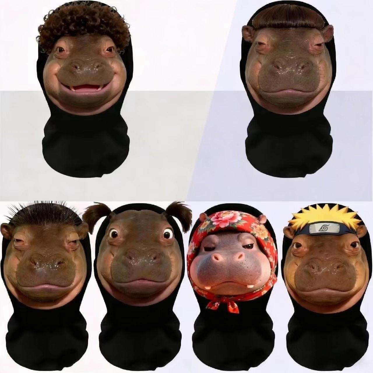 A realistic mesh headwear with hippopotamus emojis, a breathable party mask, and essential equipment for cycling out