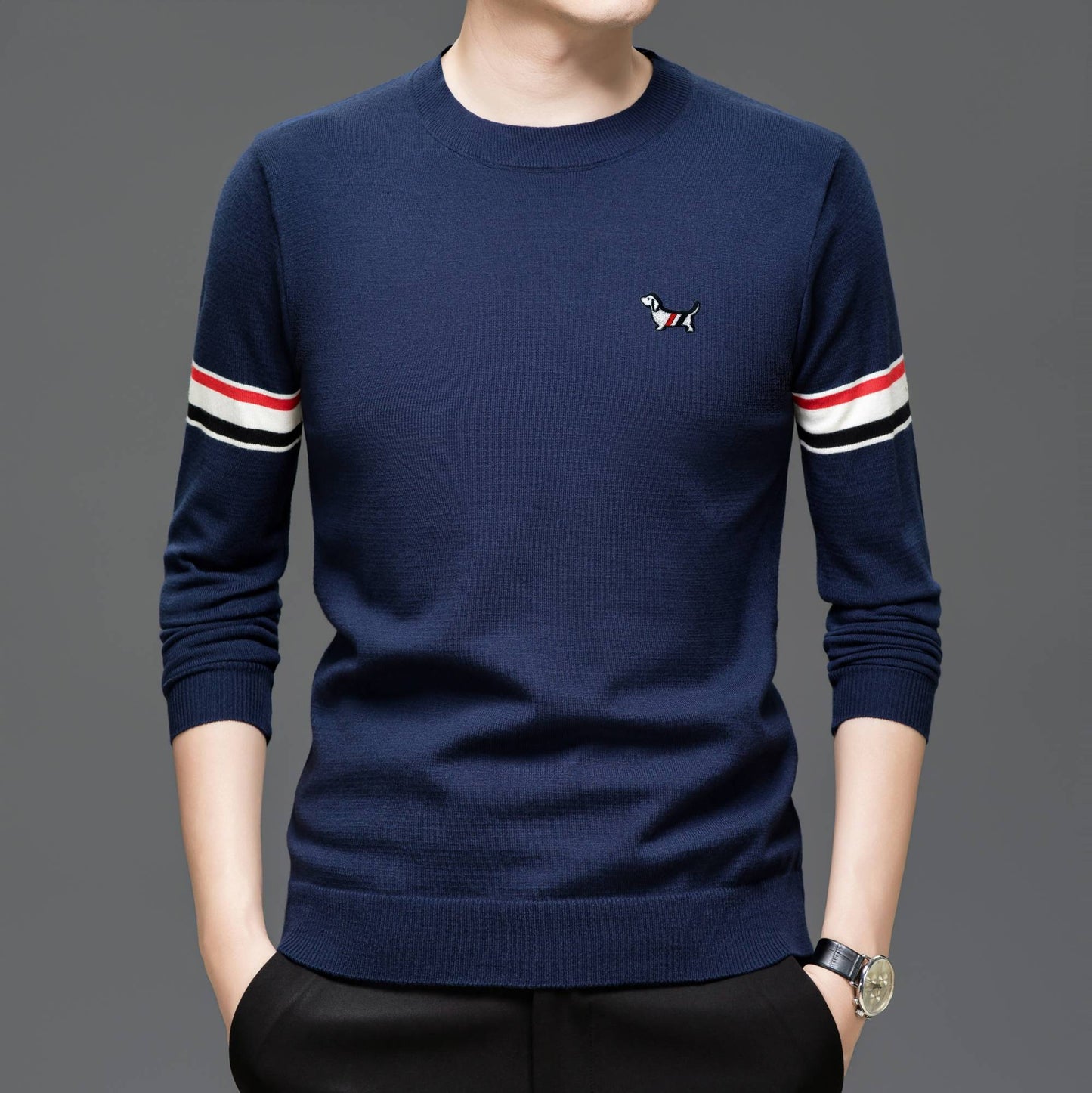 Hot Selling Original Quality Men's Knitted Sweater Striped Sleeves Cartoon Print O-Neck Pullover Autumn Winter Casual Menswear