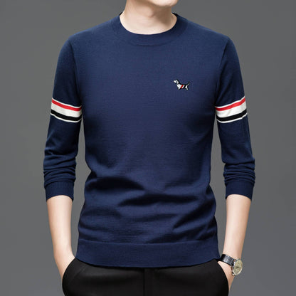 Hot Selling Original Quality Men's Knitted Sweater Striped Sleeves Cartoon Print O-Neck Pullover Autumn Winter Casual Menswear