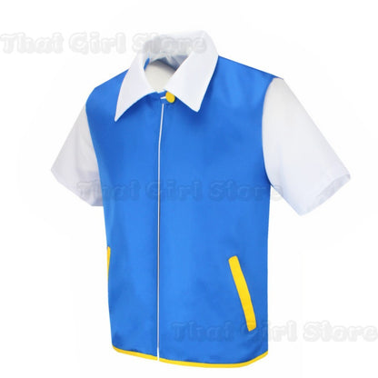 Men Anime Trainer Cosplay Costume Boys Ash Ketchum Adult for Girls Halloween Women Disfraz Party Blue Jacket Cap Gloves Full Set