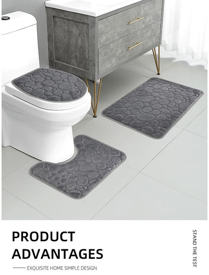 1 Set of Solid Color Simple Bathroom Water-absorbing and Non-slip Floor Mat Stone Pattern, Comfortable and Soft, Three-piece Set