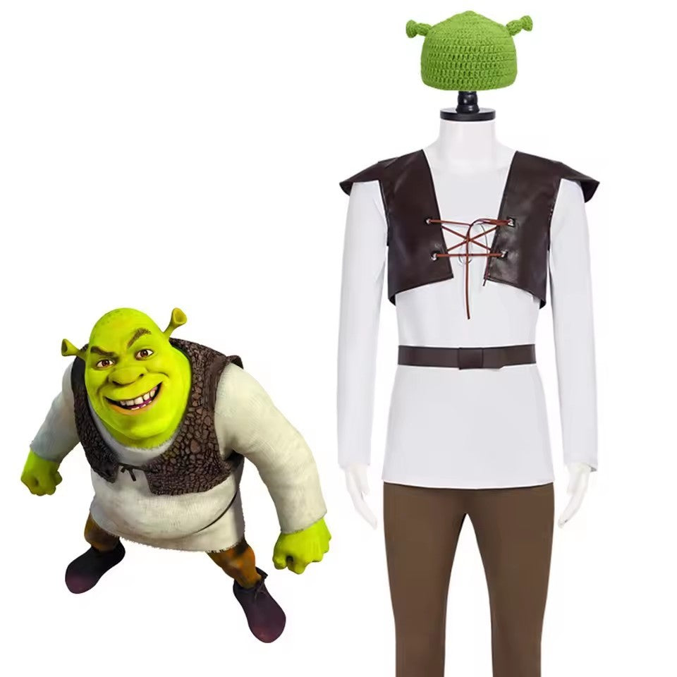 Shrek Cosplay Costumes Green Hat Shrek Top Leather Vest Pants for Men Performance Role Play Halloween Carnival Party Outfits