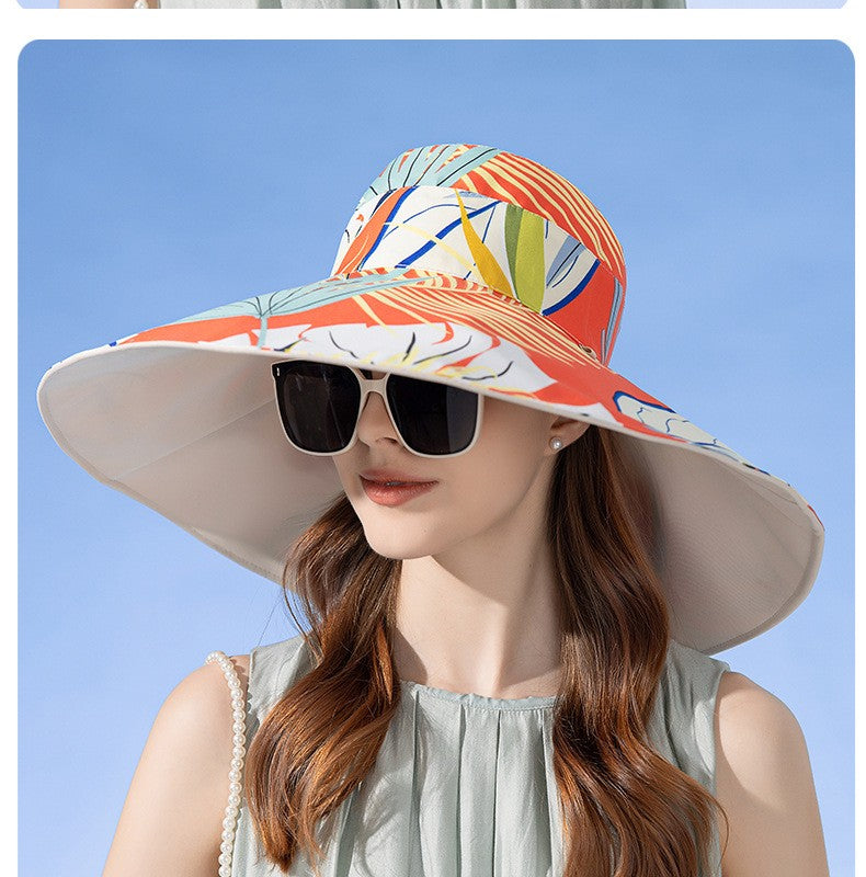 Chapéu Feminino de Verão Dupla Face com Aba Larga Proteção Solar Flor Praia Elegante Ao Ar Livre Protetor Solar Atacado Novo