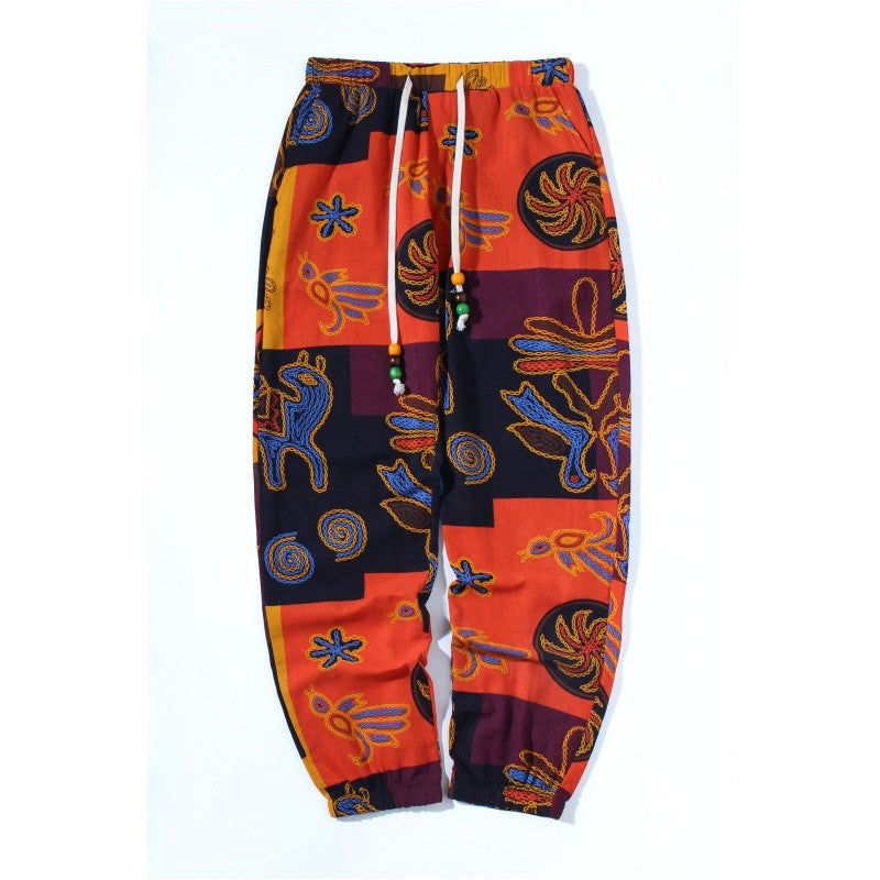 Mens Boho Tribal Print Stretch Linen Pnats Cotton Blend Drawstring LightWeight Trousers with Pockets Summer Jogger Pants