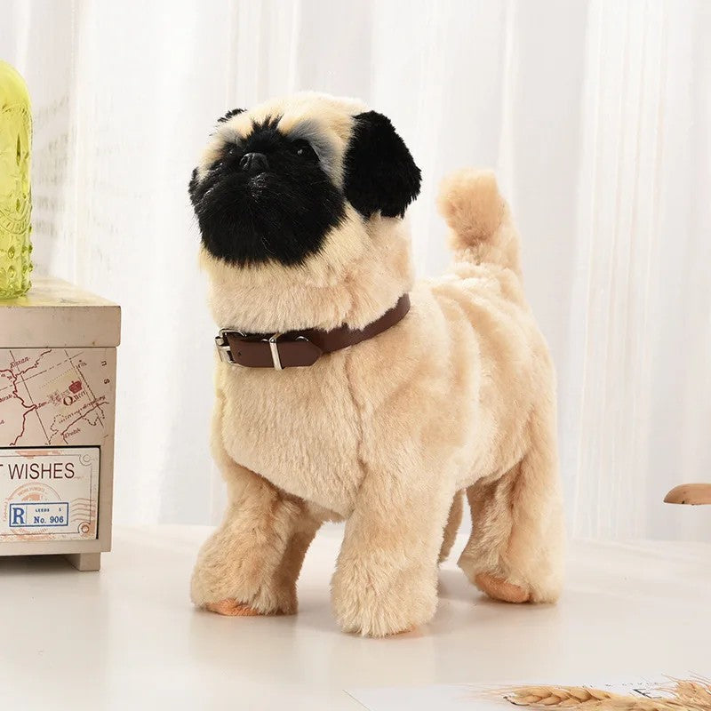 Novo brinquedo de simulação de cachorro elétrico com controle de voz, que anda, acena a cabeça, toca música e é um robô de pelúcia para crianças.