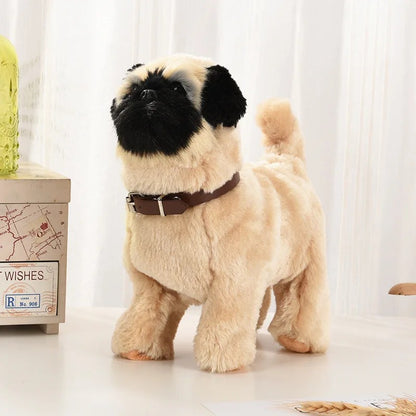 Novo brinquedo de simulação de cachorro elétrico com controle de voz, que anda, acena a cabeça, toca música e é um robô de pelúcia para crianças.