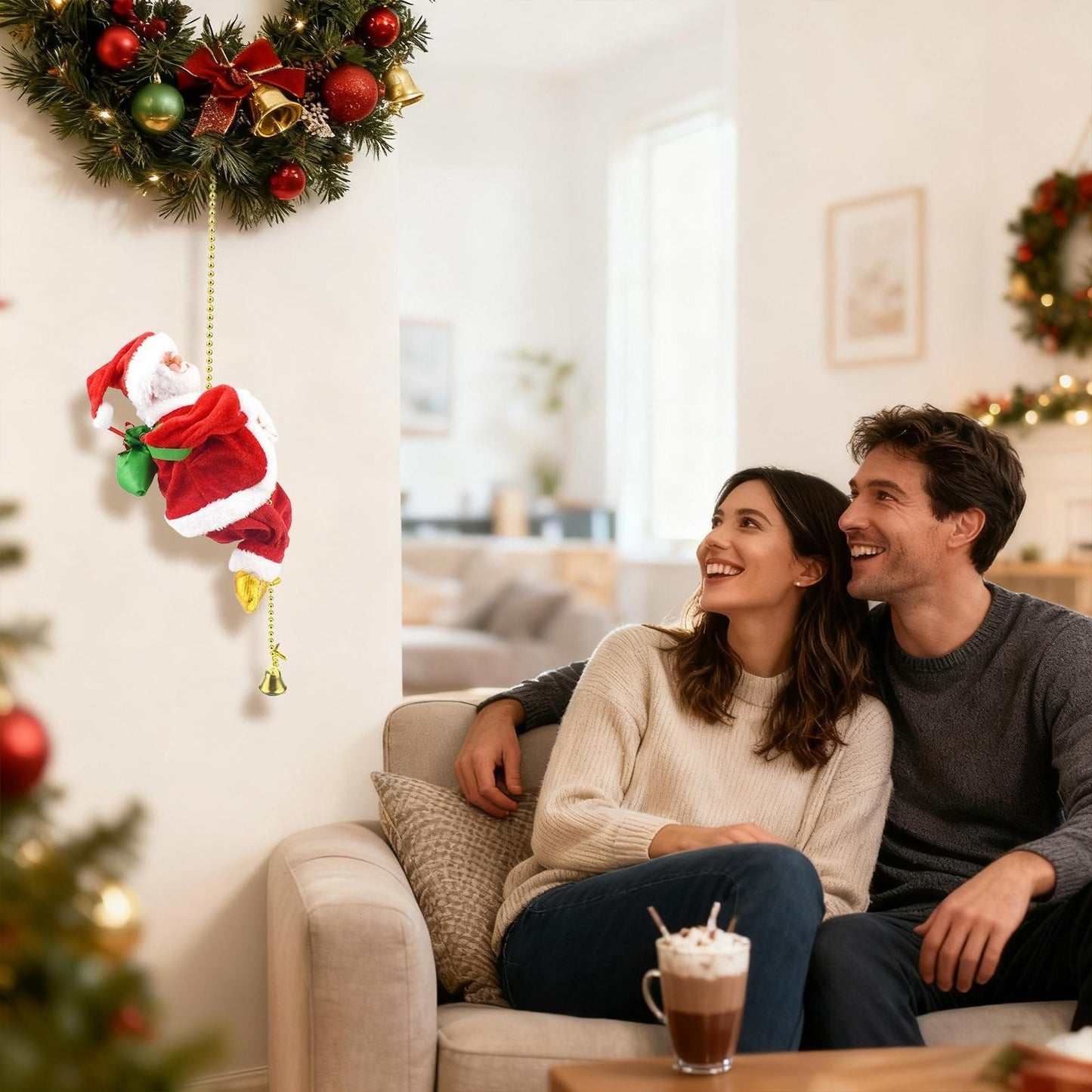 Santa Claus Climbing Rope Musical Electric Christmas Decor for Holiday Party Home Office Living Room Apartment Decorations