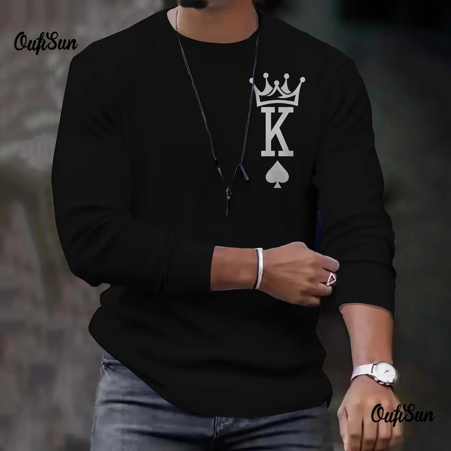 2024 New Arrival Fashion Men's Long Sleeve T-shirts Poker Printed Loose O-neck Tops Oversized Daily T Shirt For Men