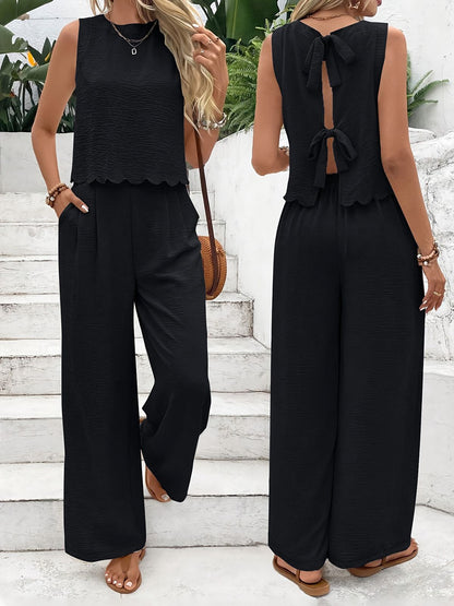 Women's Summer Muscle Simple Everyday Old Money Style Linen Tie Two Piece Set, Shell Trimmed Sleeveless Top And Pants Set