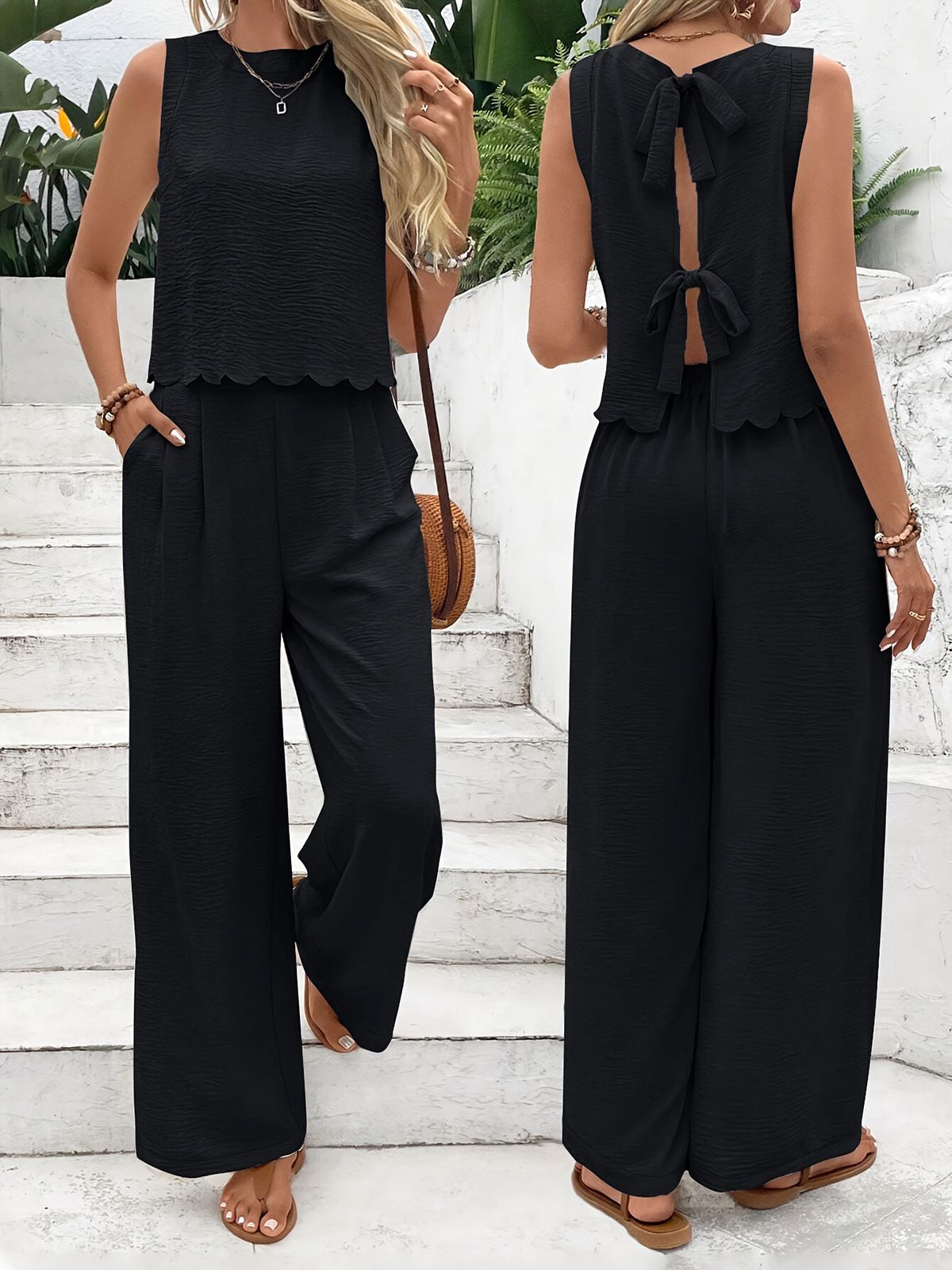 Women's Summer Muscle Simple Everyday Old Money Style Linen Tie Two Piece Set, Shell Trimmed Sleeveless Top And Pants Set