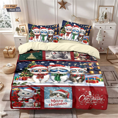 3pcs Merry Christmas Cat Printed Chipless Bedding Set Soft Dormitory Bedroom Multiple Sizes Machine Washable