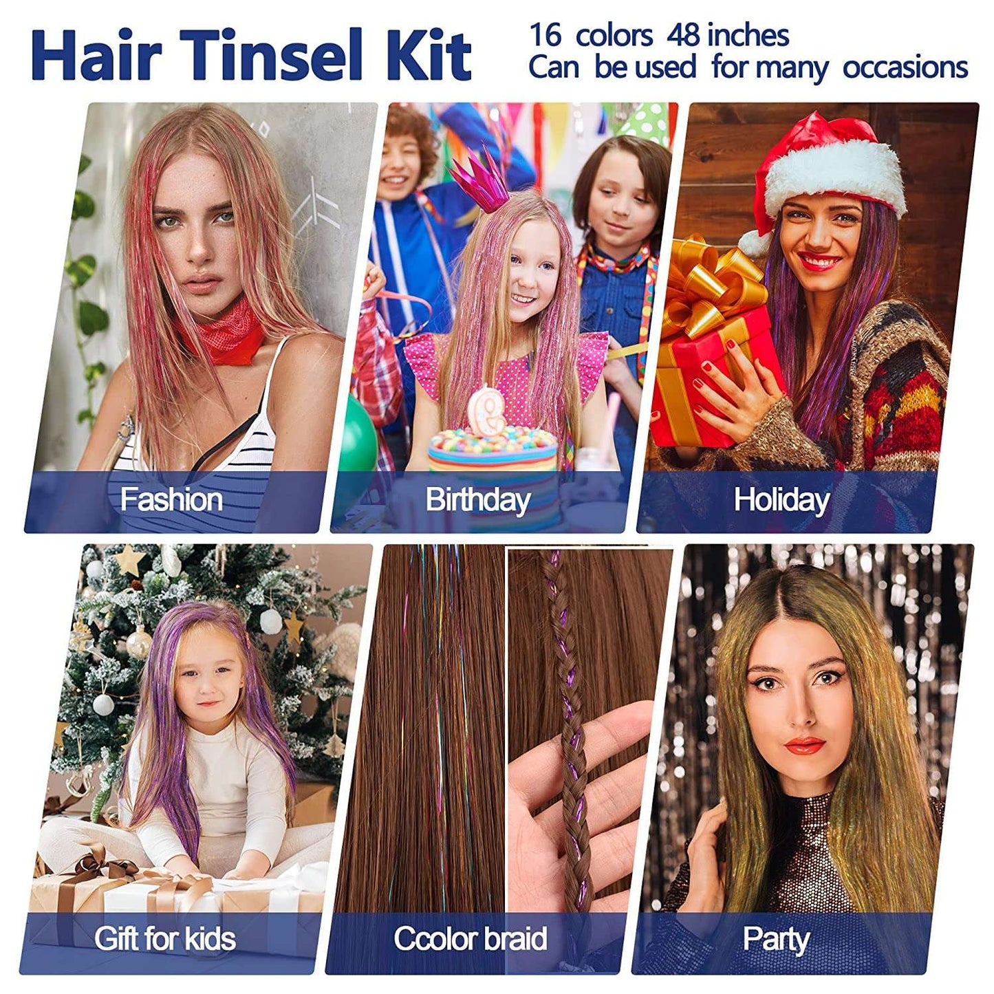 Hair Tinsel Kit With Tool 4200 strands Fairy Tinsel Hair Extensions 12 Color Sparkling Shiny Heat Resistant Highlights Glitter