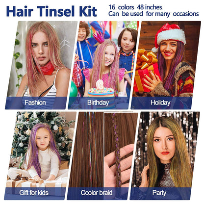 Hair Tinsel Kit With Tool 4200 strands Fairy Tinsel Hair Extensions 12 Color Sparkling Shiny Heat Resistant Highlights Glitter