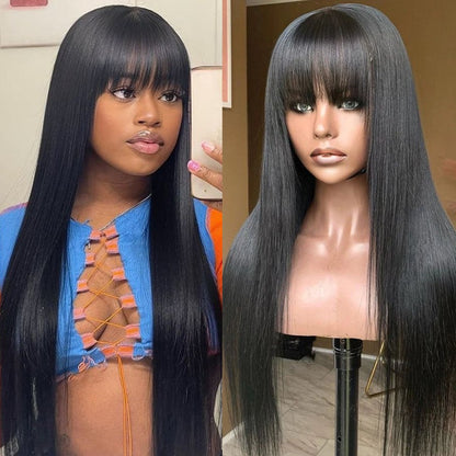 Peruca Full Lace Frontal 360 com Franja Lisa, Peruca Frontal de Renda Cabelo Humano Cru Com Franja, Perucas Brasileiras Sem Cola em Promoção/Liquidação
