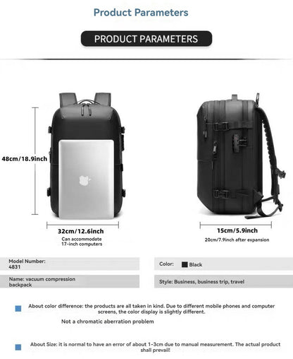Vacuum sealed travel backpack, expandable air compression system waterproof TSA lock, travel backpack